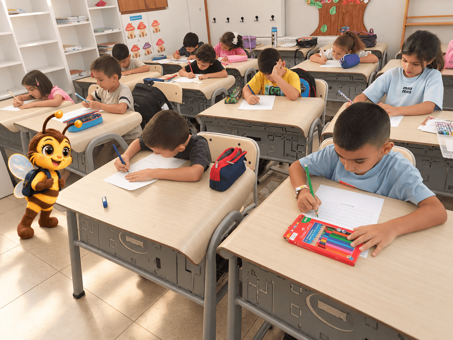 Çocuklar sınıfta ayrı sıralarda açık kitap ve kâğıtlara yazıyor; ön sıraların solunda arı maskotu bulunuyor.