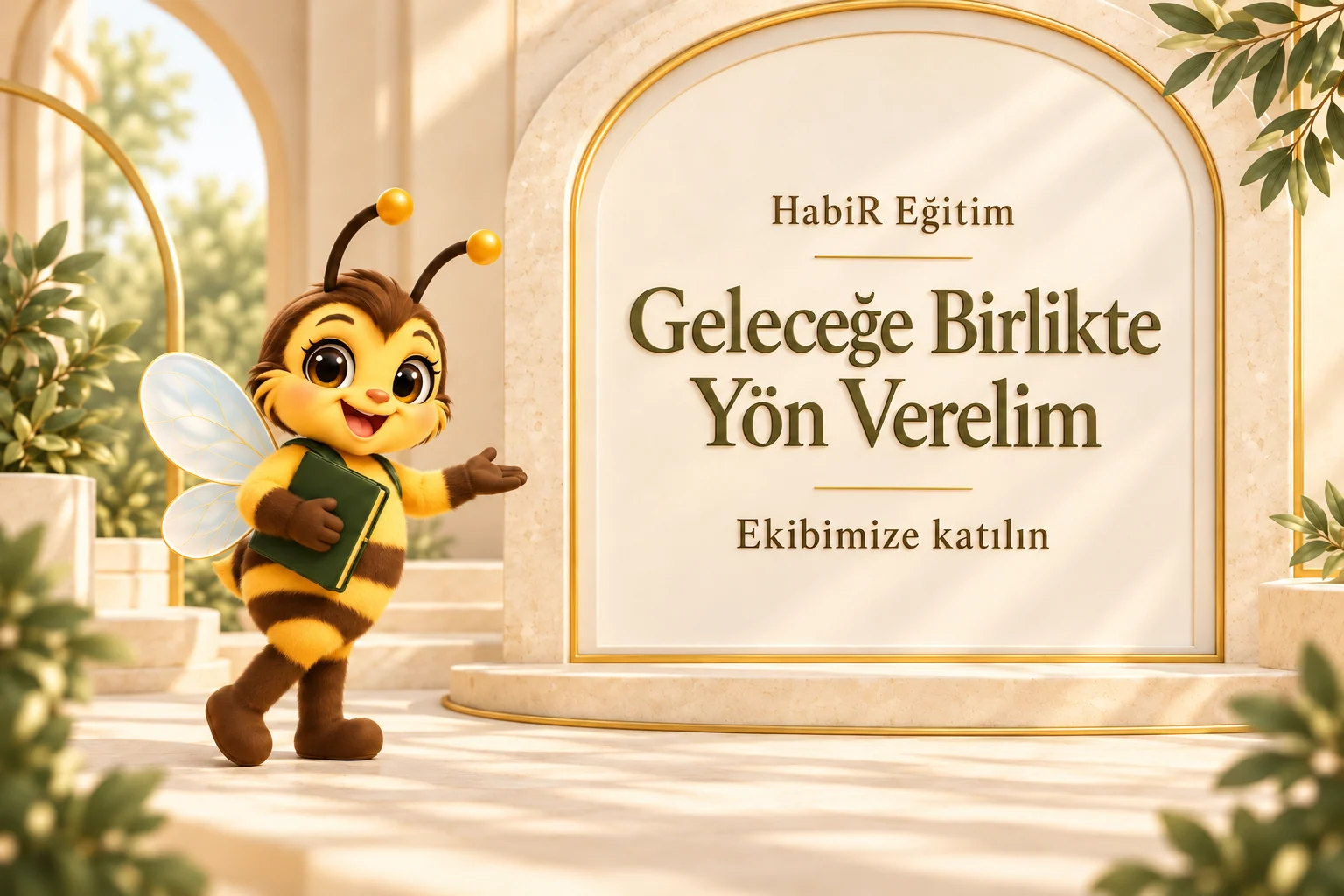 HabiR Eğitim — Geleceğe Birlikte Yön Verelim. Ekibimize katılın. Elinde yeşil dosya tutan HabiR arısı, yazının bulunduğu kemerli duvarı gösteriyor.